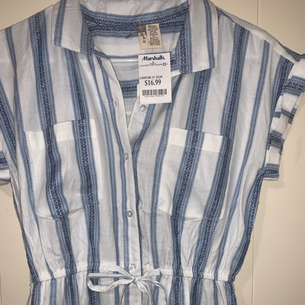 Blue and white dress.
